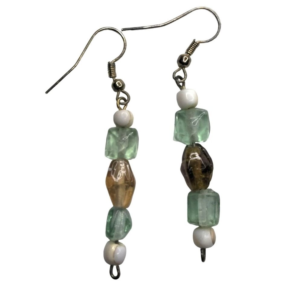 Green Brown Glass Bead Earrings Hook Drop Dangle USA Vintage Artisan Unique